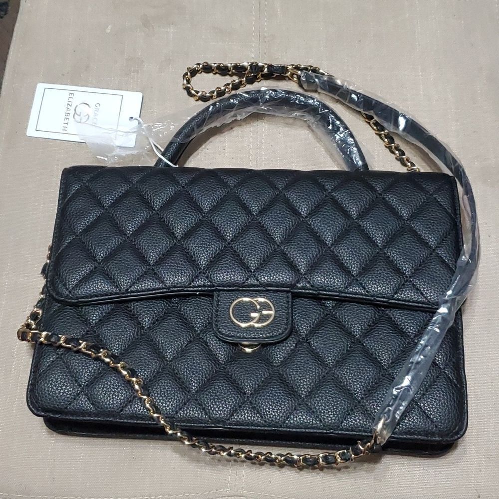 GRACE ELIZABETH Black Handbag Cross Body Purse / Gold Metal Cross Body Strap New